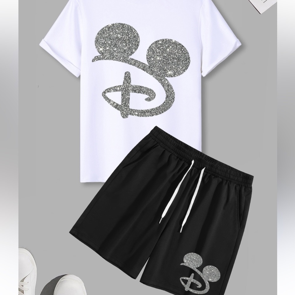 Disney White T‑Shirt and Black Shorts Set with Silver Glitter Logo